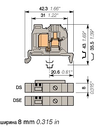 Клемма проходная серая DS4/8.ADO 2,5мм.кв., со штифтом и двумя выемками под провода сечением 1-2.5 mm2