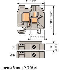 Клемма проходная серая DR4/8.ADO 2,5мм.кв., с ребром и двумя выемками под провода сечением 1-2.5 mm2
