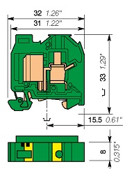 Клемма проходная желто-зеленая DR4/8.P.ADO 2,5мм.кв., двумя выемками под провода сечением 1-2.5 mm2