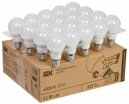 Лампа светодиодная LED A60 шар 11Вт 230В 4000К E27 (20шт/жкхпак) IEK 