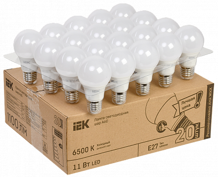 Лампа светодиодная LED A60 шар 11Вт 230В 6500К E27 (20шт/жкхпак) IEK 