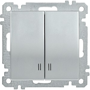 Выключатель 2-клавишный с индикацией ВС10-2-1-Б 10А BOLERO серебряный IEK