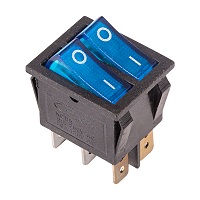 36-2411 Выключатель клавишный синий с подсветкой двойной 250V 15А (6с) ON-OFF (RWB-511, SC-797) REXANT