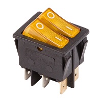 36-2413 Выключатель клавишный желтый с подсветкой двойной 250V 15А (6с) ON-OFF (RWB-511, SC-797) REXANT